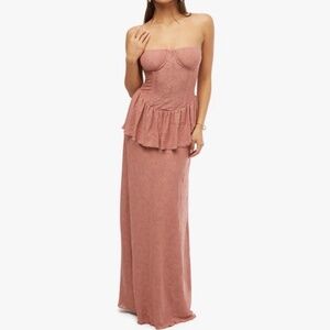 WeWoreWhat. Strapless Corset Peplum Maxi Dress | Desert Sand
